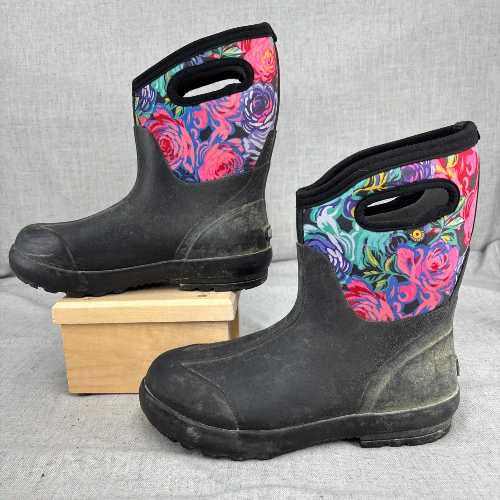 Bogs Classic Mid Floral Waterproof Rain Boots Black Multi Winter Womens Size 8